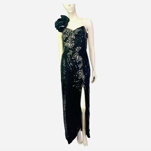 Vintage 80s Black & Silver‎ Sequin Beaded Floral Appliqué Dress with Big Ruffles
